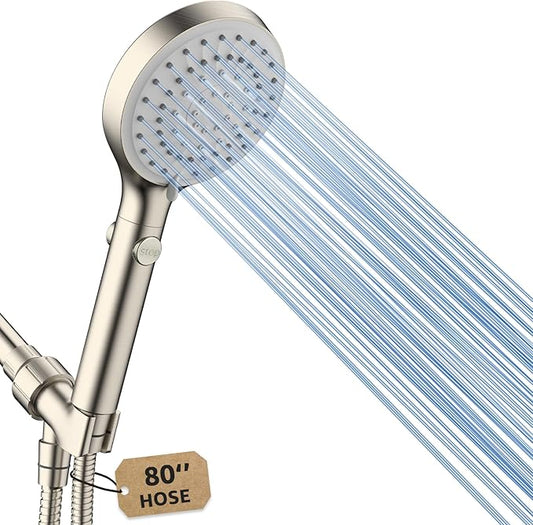 FASDUNT Shower Head with Handheld, High Pressure Handheld Shower Head with 80" Extra Long Stainless Steel Hose & Adjustable Bracket, Showerhead with ON/OFF Switch for Pets Bath, Brushed Nickel