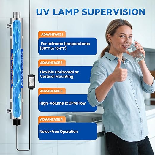 UV Water Filter Whole House, 1" MNPT 55W Water Purifier System for Whole House Water Purification,12 GPM, 120V, 1500H Lamp Life, +1 Extra Lamp