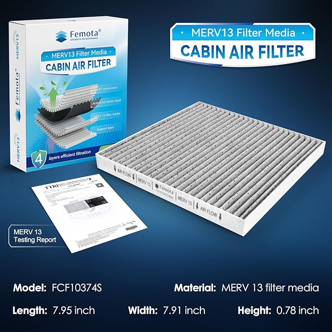 Certified MERV 13 Cabin Air Filter with Activated Carbon, CF10374(CP374) for Dodge Dart (2013-2016), Toyota Tacoma (2005-2023), Pontiac Vibe (2003-2008).