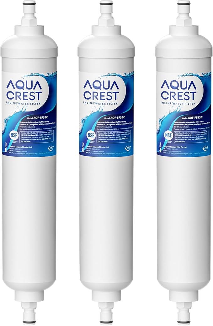 AQUA CREST GXRTQR Inline Water Filter, NSF Certified, Replacement for GE® GXRTQR, GXRTQ, Carbon Block Media Ensures 99% Chlorine Reduction, 3 Filters (Package may vary)