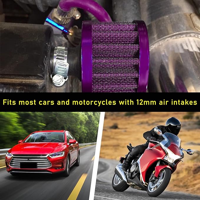 12mm Mini Air Filter, Universal Motor Cold Air Intake Filter Breather, Auto Turbo Vent Intake Filter Cleaner, Crankcase Breather Car Accessories for Motorcycle Engine Parts (Purple)