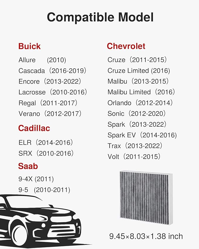 Puroma Cabin Air Filter with Activated Carbon, Replacement for CF10775, Buick Allure, Cascada, Encore, Lacrosse, Regal, Verano, Cadillac ELR, SRX, Chevrolet Cruze, Malibu, Orlando, Sonic, Spark, Saab