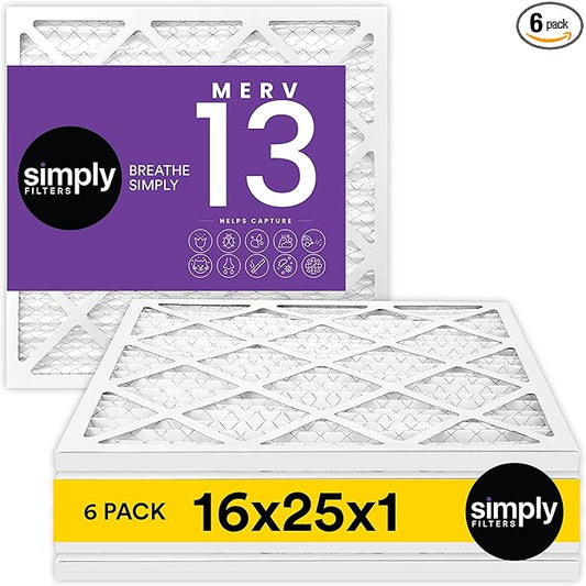 Simply 16x25x1 Air Filter, Merv 13, 6 Pack, For Home AC Furnace & HVAC (Actual Size: 15.75"x24.75"x0.75") DUST, Pet, & Allergy Control