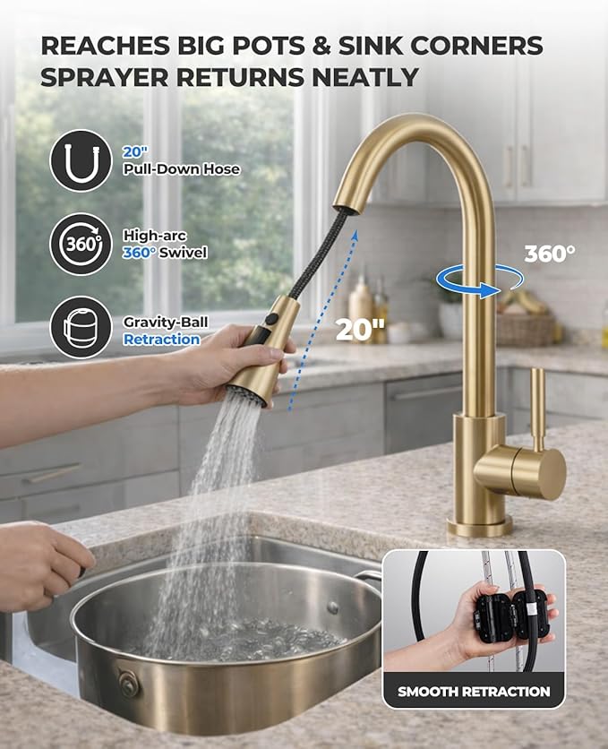 WEWE Kitchen Faucets with Pull Down Sprayer, Stainless Steel Single Handle 1 Hole for Family Kitchen Commercial Camper Laundry Rv Bar, Gold