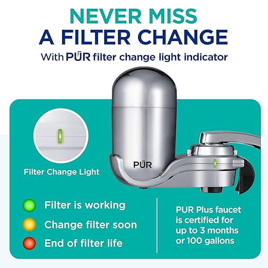 PUR PLUS Vertical Faucet Mount Water Filtration System, Lead-Reducing Filter, Great-Tasting Water, Easy Install, Lasts 100 Gallons, Compatible with Sinks with External Aerators, Chrome