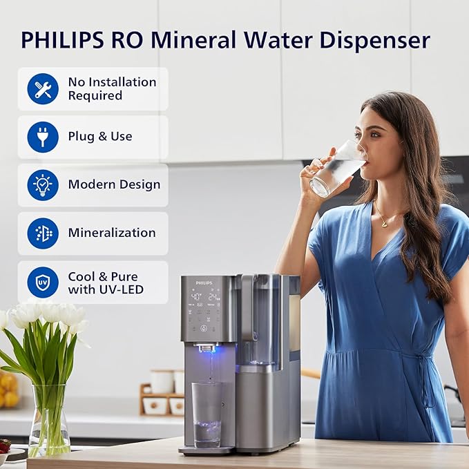 PHILIPS Reverse Osmosis Water Filter Countertop ADD6928DG/37(Cold&Hot), 6-Stage Mineralization Filtration System with Aquaporin Tech, Large Capacity for Family, 6L Tank,1.8L Jug, Reduce TDS