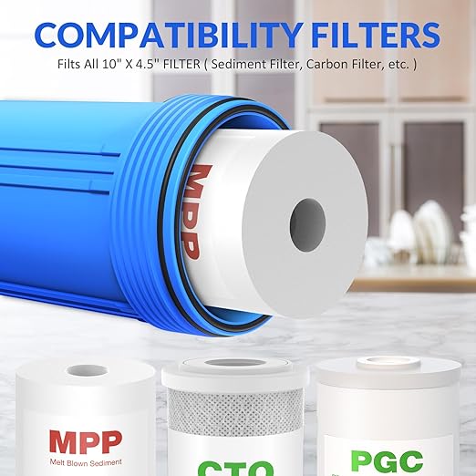 SimPure Whole House Water Filter Housing (DB10P), 10" x 4.5" Sediment Carbon Filter Universal Housing, Pre-Filtration System for Well and City Water, 1" NPT Port, Pressure Release