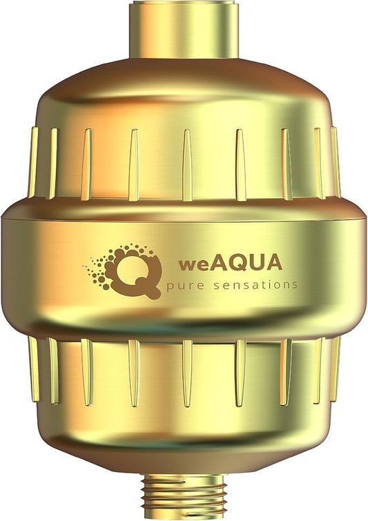 weAQUA Heavy Duty NO BS Shower Filter – 99% Removal for Hard Water, Chlorine, Fluoride, Heavy Metals, Micro-life, Organics and More (Matte Gold)