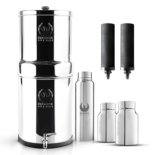3.25 G Gravity Fed Water Filter System | NSF/ANSI 42 & 372 Certified | AISI 304 Stainless Steel Water Filter | 2 Carbon Filters + 2 POSTreat Fluoride Reduction Elements | No Electricity | Portable
