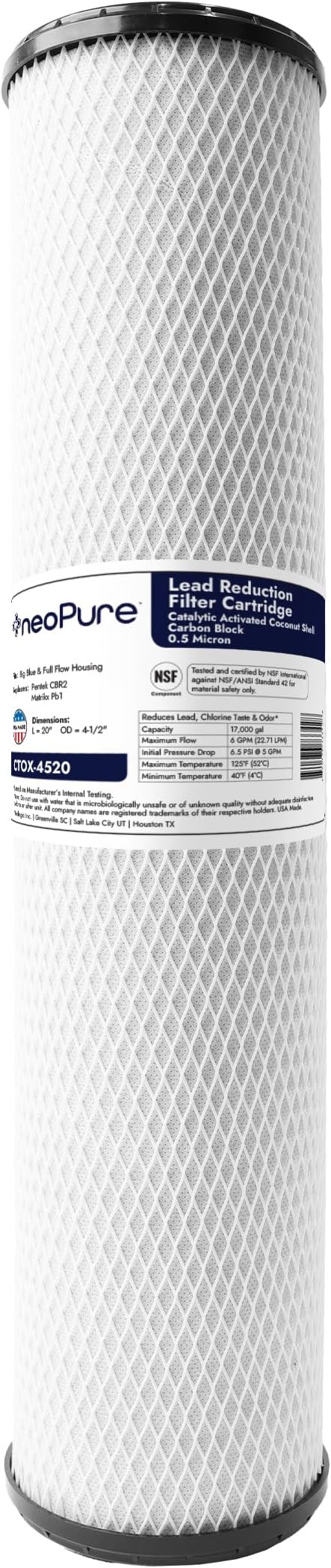 Neo-Pure CTOX Carbon Block Filter (CTOX-4520, 20" x 4.5") | Advanced Coconut Shell Carbon for Superior Filtration | Reduces Chlorine, Sediment, and Impurities Effectively