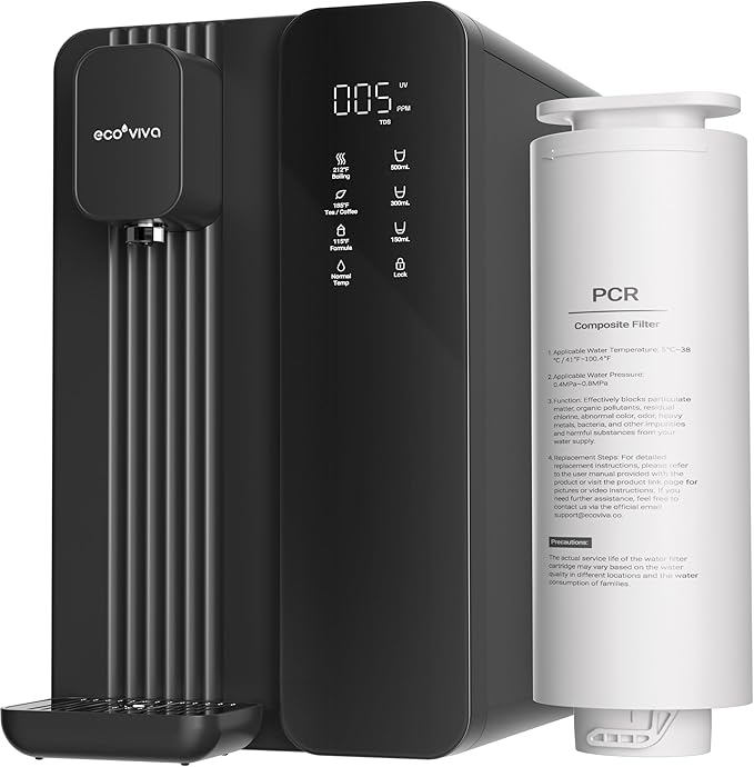 Ecoviva MATE4 UV Countertop Reverse Osmosis Water Filter System, 4 Temperature Options, 7 Stages Instant Hot RO Water Filtration System, 3:1 Pure to Drain, TDS & Filter Life Monitor, (Black & Grey)