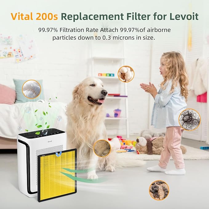 2 Pack Vital 200S Replacement Filter Compatible with LEVOIT Vital 200S Air Purifier, 3-in-1 H13 Grade True HEPA, High-Efficiency Activated Carbon Vital 200S-P Replacement Filter, Vital 200S-RF, Yellow