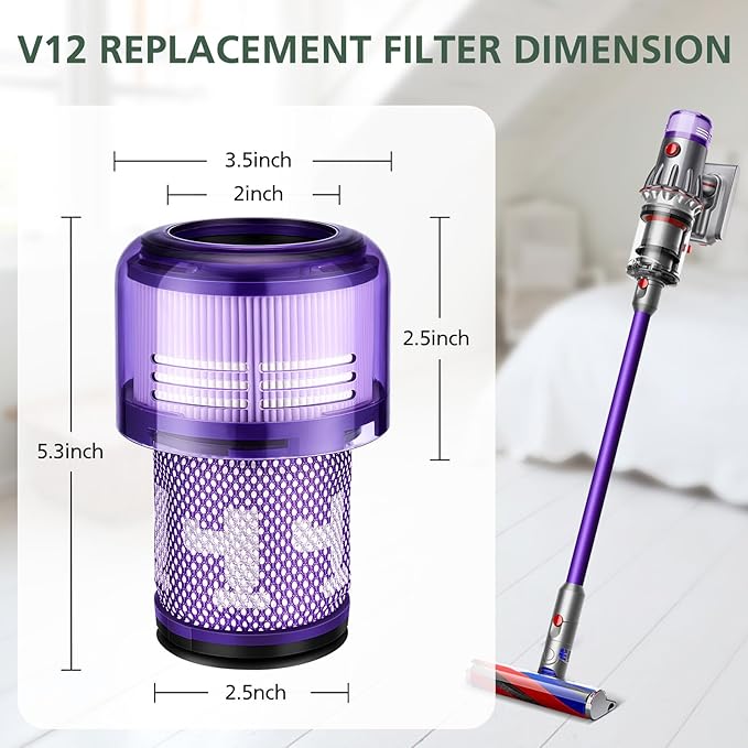V12 Filter Replacements for Dyson V12 Detect Slim, Detect Slim Animal, Slim+ Cordless Vacuum and V12 Slim Absolute Vacuums, SV34, SV35 V12 Vacuum Cleaner Filter Replacement, Part No. 971517-01, 4 Pack
