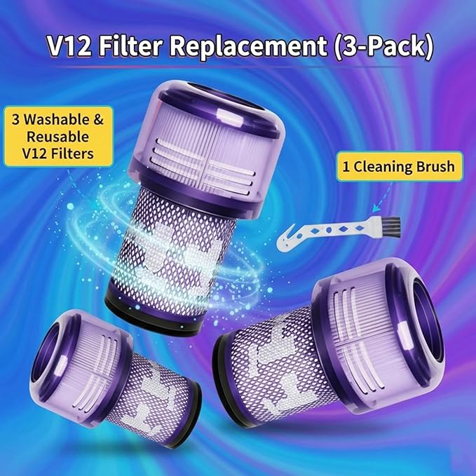 3-Pack V12 Filter SV30 / SV46 Replacement Compatible for Dyson V12 Detect Slim, V12 Detect Slim Animal, Slim+, Slim Absolute, SV20, SV34, SV35, Part No, 971517-01 Cordless Vacuum, 1 Cleaning Brush