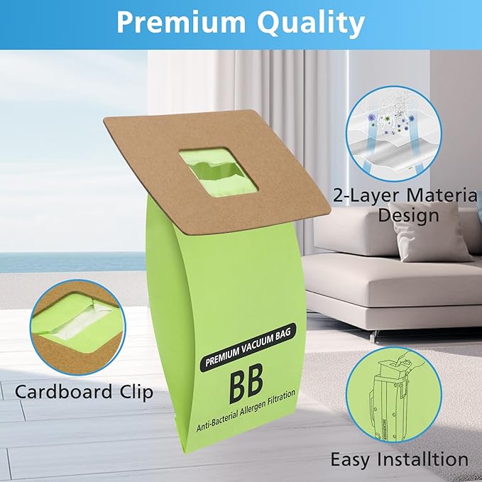 15 Pack Type BB Compact Canister Bags Replacement for Oreck XL Buster B Canister Vacuum bags PKBB12DW BB180 BB280 BB850 BB870 BB900 BB1000 MV160 with 4 Motor Filters