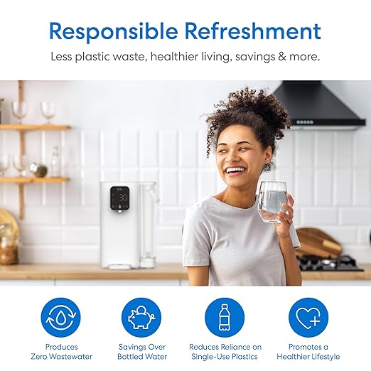 Brio SIMPL W2 Countertop Water Dispenser w/Refillable 2.5L Water Tank, 2-in-1 Sediment & Carbon Filter Included, Room Temp., LED Display w/Touch Buttons, No Plumbing Necessary, White