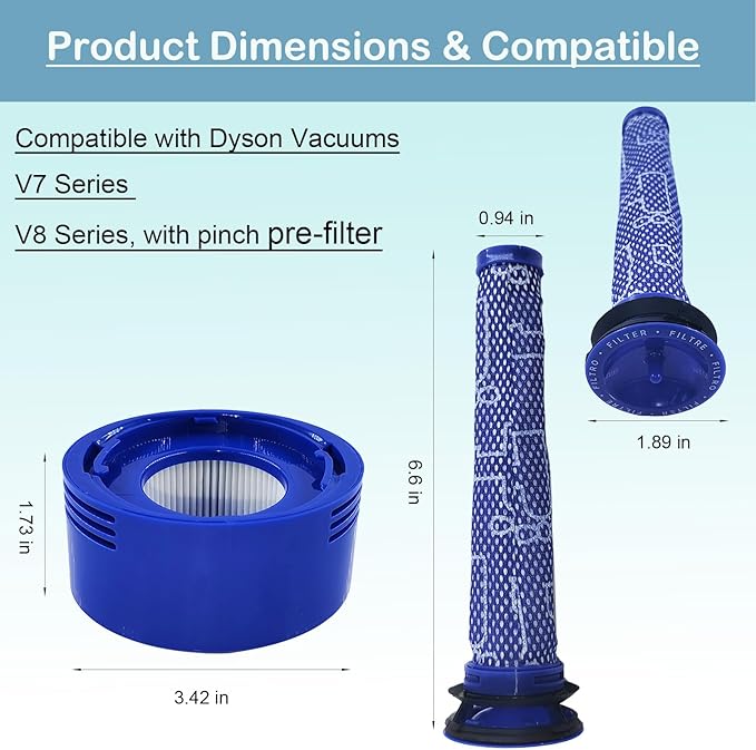 V8 Filter Replacement Kit for Dyson V7 V8 Vacuums, with Pinch Pre-Filter, Compare to Part 967478-01 & 965661-01, 6 Pack