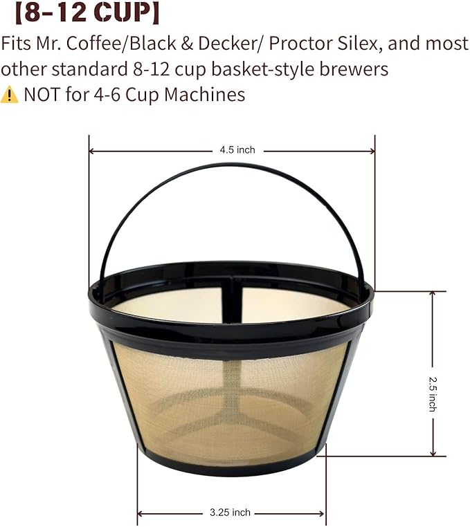 8-12 Cup Reusable Coffee Filter - BPA Free, Eco-Friendly, Compatible with Mr. Coffee, Black+Decker & Most Standard 8-12 Cup Drip Coffee Makers (3-Pack)