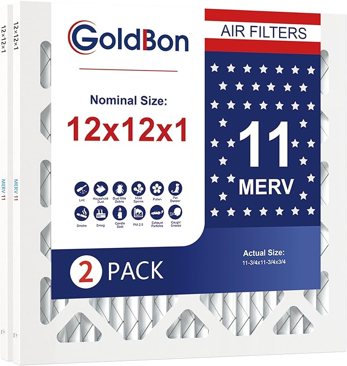 12x12x1 Air Filter 2 Pack MERV 11 MPR 1000 FPR 7- GoldBon AC Filter USA Design- Electrostatic Pleated Air Conditioner HVAC AC Furnace Filters for Pollen, Smoke,Pet Dander