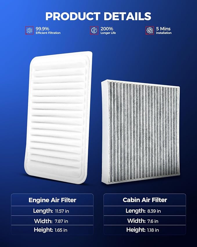 KAX Engine & Cabin Air Filter Kit, Replacement for Toyota Camry 2007-2009 2.4L, 2010-2017 2.5L, Venza 2009-2015 2.7L, Replace# CA10171 CF10285