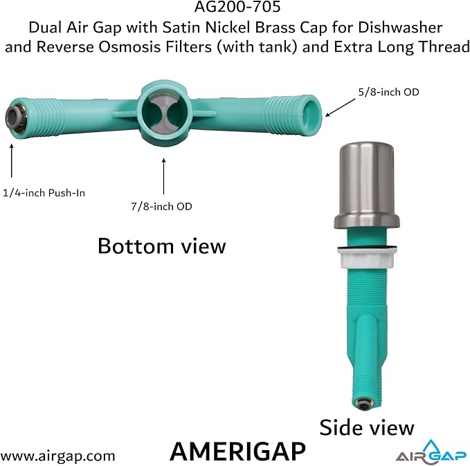 Dual Air Gap with Satin Nickel Brass Cap for Dishwasher and Reverse Osmosis Filters (with tank) and Extra Long Thread (AG200-705, AG200-X05, AMERIGAP)