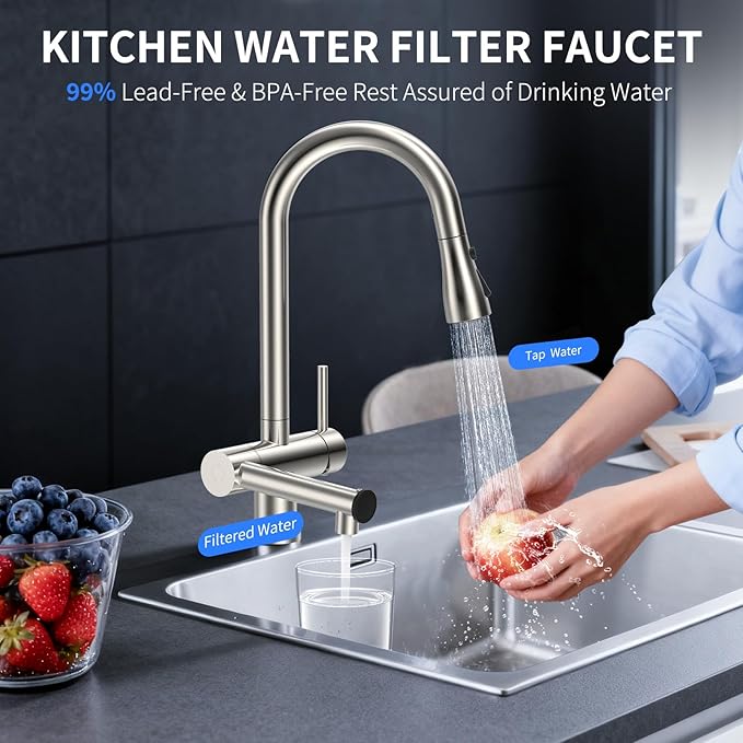 FEELSO Kitchen Faucets with Filtered, Stainless Steel Filter Kitchen Faucet with Pull Down Sprayer Reduces Lead, Chlorine, Bad Taste & Odor,High Arc Kitchen Sink Faucet 1 or 3 Hole for Farmhouse