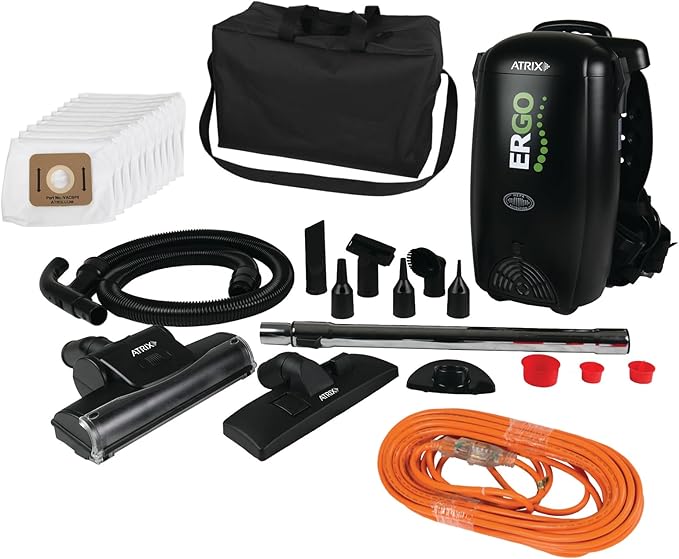Atrix Ergo Backpack Vacuum VACBP1-PK – Pro Clean Kit with 10 HEPA Filters, Storage Bag & 25ft Extension Cord