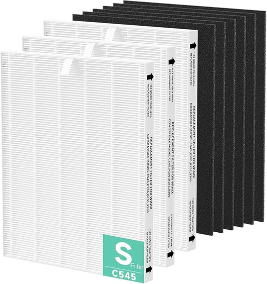 C545 Replacement Filter Compatible with Winix C545 Purifier, HPEA Filter S, Part Number 1712-0096-00, 3×Filters + 6×Activated Carbon Pre-Filters