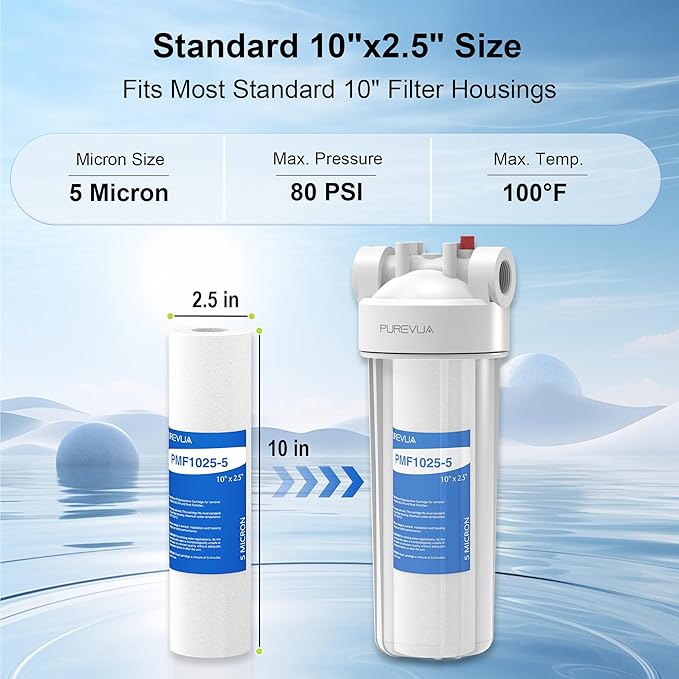 5 Micron 10" x 2.5" Sediment Filter, Whole House Water Filter Cartridge Replacement for Any 10 inch RO Unit, Compatible with Culligan P5, GE FXUSC, WFPFC5002, AP110, WHKF-GD05, Pack of 6