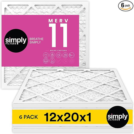 Simply 12x20x1 Air Filter, Merv 11, 6 Pack, For Home AC Furnace & HVAC (Actual Size: 11.75"x19.75"x0.75") DUST, Pet, & Allergy Control