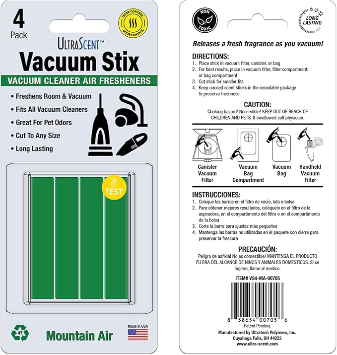 Vacuum Stix, Vacuum Deodorizer & Air Freshener Sticks for All Vacuums, Long-Lasting Vacuum Cleaner Deodorizer, Non-Toxic, Made in USA (1-Pack (4 Stix), Mountain Air)