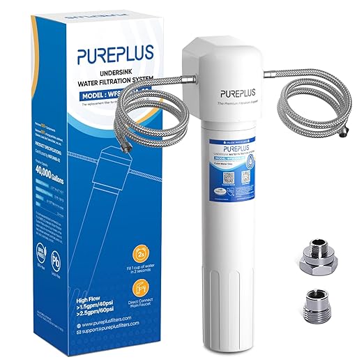 PUREPLUS WFS5300A-20 5 Years Under Sink Water Filter System,NSF/ANSI 42 Certified, 40000 Gallons Removes Chlorine,Bad Taste & Odor, Direct Connect Under Counter Water Filtration System