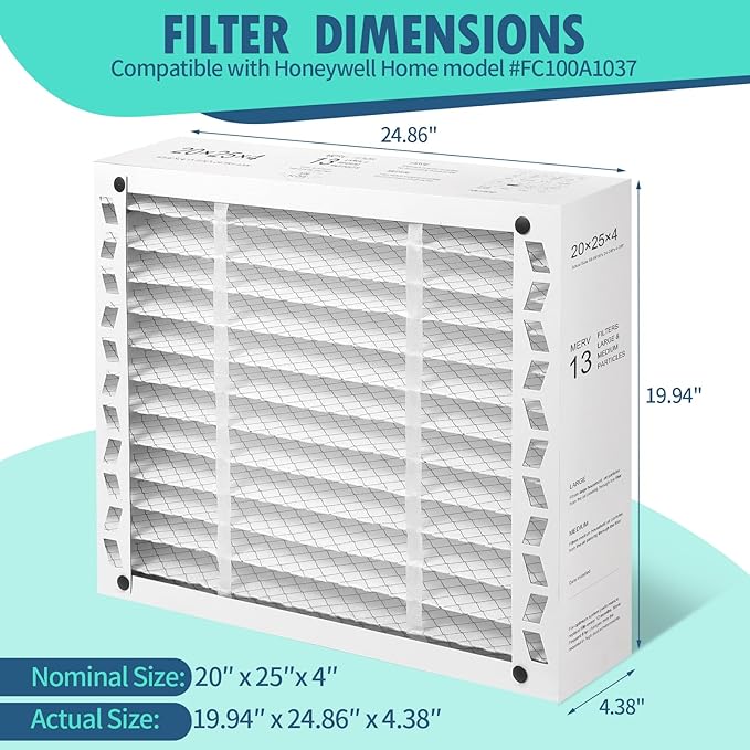 DerBlue 2PACK 20x25x4 AC Furnace Filter Replacement MERV 13 Compatible with Honeywell FC100A1037 Pleated HVAC (Actual Size: 19.94 x 24.88 x 4.38 Inches)
