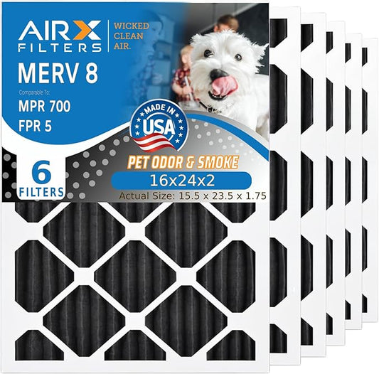 AIRx Filters Odor 16x24x2 Furnace Filter MERV 8 Carbon Filter Replacement AC HVAC Air Filter For Dust, Pollen, Lint & Dander Control, 6-Pack