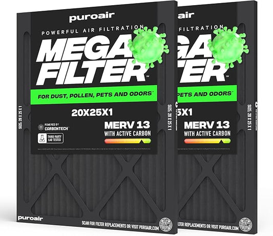 PuroAir MegaFilter - 20x25x1 Air Filter MERV 13 Activated CarbonTech Defense - Heavy Duty 3 Layer Furnace Filters Allergens, Pollen, Dust, Pet Dander, Smoke, Odors - HVAC Air Filter 20x25x1 (2-Pack)