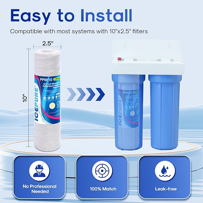 ICEPURE 10 Micron 10" x 2.5" String Wound Sediment Water Filter Cartridge for Well filter Universal Replacement for Any 10 inch RO Unit, WP-5, Aqua-Pure AP110 CFS110 Culligan P5 WFPFC4002 CW-MF, 3PACK