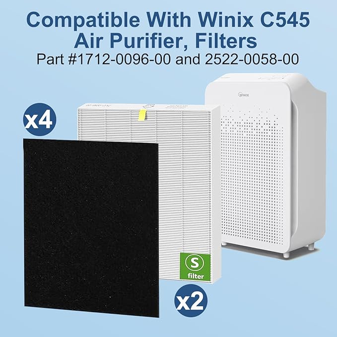 2 Pack C545 Replacement Filter S Compatible with Winix C545 Air Purifier, H13 True HEPA Filter with 4 Activated Carbon Pre-Filters, Compatible Replacement for Parts 1712-0096-00 & 2522-0058-00