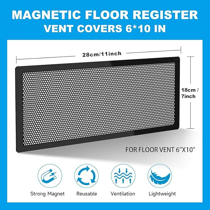 6 PCS Magnetic Vent Covers - 7"x11" Magnetic Air Vent Screen - for Floor/Wall/Ceiling Registers - Easy Install, Secure Fit - Durable(Fits Registers 7" to 8" Wide x 11" to12.5" Long)