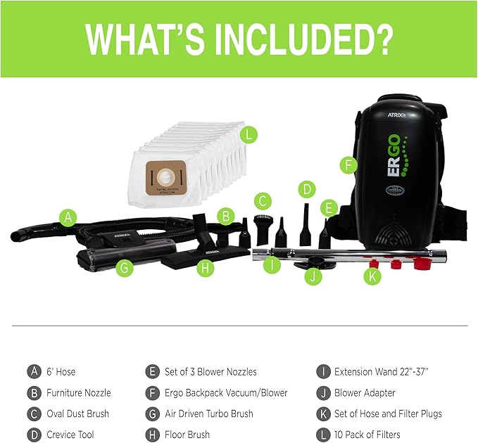 Atrix VACBP10 Ergonomic Backpack Vacuum Cleaner, Premium Bundle with 10 Filters - 8-Quart HEPA Filter, 1400W Portable Small Vacuum for Mixed-Use - Including: 6' Hose, Blower Nozzles, Wand, Brushes