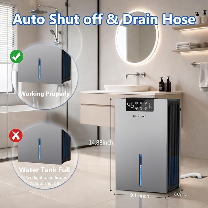 Dehumidifier, 98OZ Dehumidifiers for Home(1000sq.ft), Humidity Display Dehumidifier for Basement Bathroom Bedroom, Auto Shut Off, Washable Filter, Drain Hose, Timer, 7 Ambient Lights, Gray