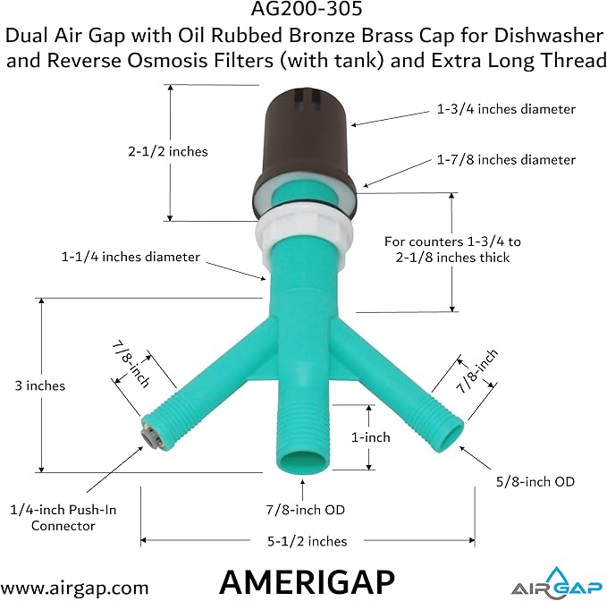 Dual Air Gap with Oil Rubbed Bronze Brass Cap for Dishwasher and Reverse Osmosis Filters (with tank) and Extra Long Thread (AG200-305, AG200-X05, AMERIGAP)