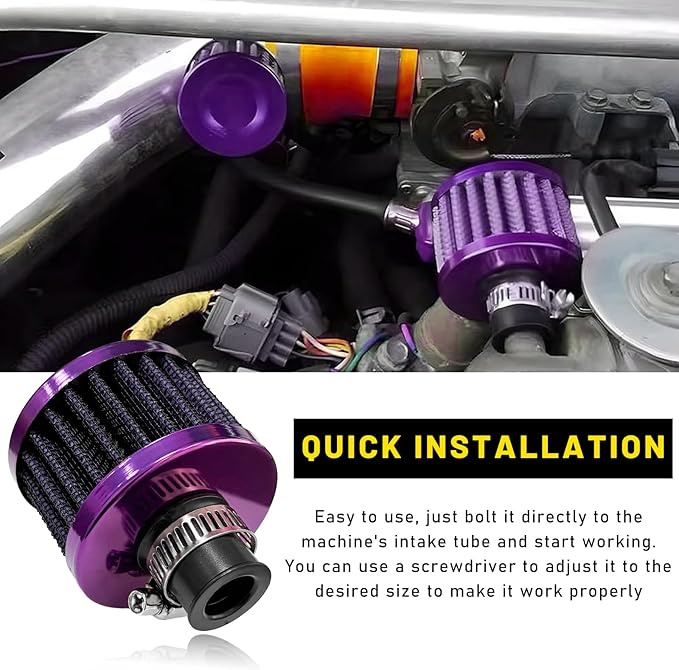 12mm Mini Air Filter, Universal Motor Cold Air Intake Filter Breather, Auto Turbo Vent Intake Filter Cleaner, Crankcase Breather Car Accessories for Motorcycle Engine Parts (Purple)