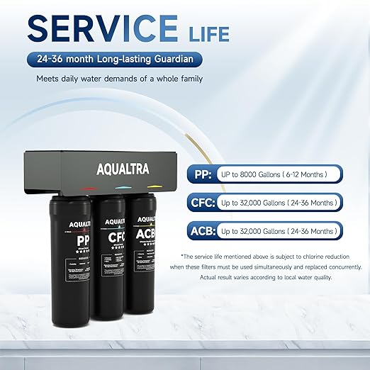 AQUALTRA USF-3B-10 Slightly Alkaline Under Sink Water Filter System, 8K-32K Gallons, 0.5 μm Carbon Fiber Filter Reduces Chlorine, Chloramine, Fluoride, Bad Taste & Odor