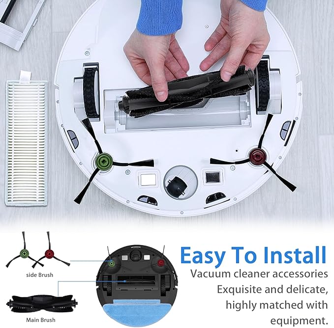 Replacement Parts for Tikom L9000,L8000,Lubluelu SL60D,HONITURE Q6 SE,Laresar L6 Nex Robotic Vacuum Cleaner - Spare Accessories - 1 Main Roller 8 Side Brushes 4 HEPA Filters 4 Mop Pads and 1 Brush