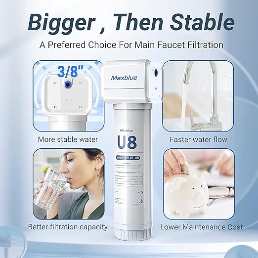 Maxblue U8-ST Under Sink Water Filter, 2 Years High Capacity, Reduces Lead, Chlorine, Heavy Metals, Bad Taste & Odor, Under Sink Water Filtration System, USA Tech