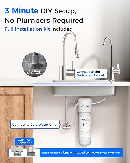 Waterdrop 10UBW-UF 0.01 μm Ultra Filtration Under Sink Water Filter System, Reduces Lead, Chlorine, Bad Taste & Odor, 1 Year, with Dedicated Brushed Nickel Faucet, USA Tech