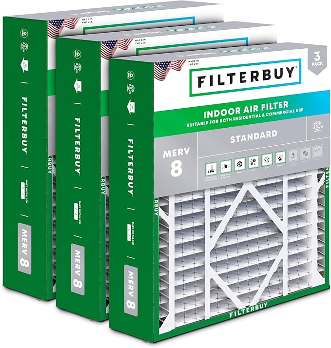 Filterbuy 21x24.5x5 Air Filter MERV 8 Essential Dust & Allergy Defense (3-Pack), Electrostatic Pleated HVAC AC Furnace Filters for Rheem, Ruud, and Protech (Actual Size: 20.63 x 24.13 x 4.38)
