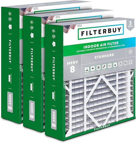Filterbuy 24x25x5 Air Filter MERV 8 Essential Dust & Allergy Defense (3-Pack), Electrostatic Pleated HVAC AC Furnace Filters for Carrier FILXXCAR0024, Maytag & More (Actual Size: 23.63 x 24.69 x 4.25)