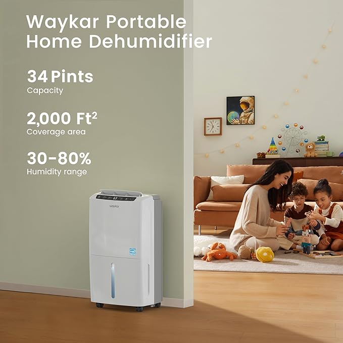 Waykar 2000 Sq. Ft 34 Pints 2025 Most Efficient Energy Star Dehumidifier for Home and Basement with Auto or Manual Drainage, Quiet 33dB Operation, 0.62 Gallon Water Tank Capacity