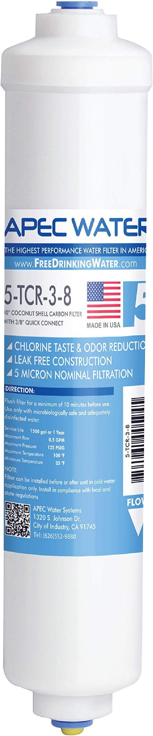 APEC Ultimate Series US Made 10" Inline Carbon Filter with Quick Connector (3/8")